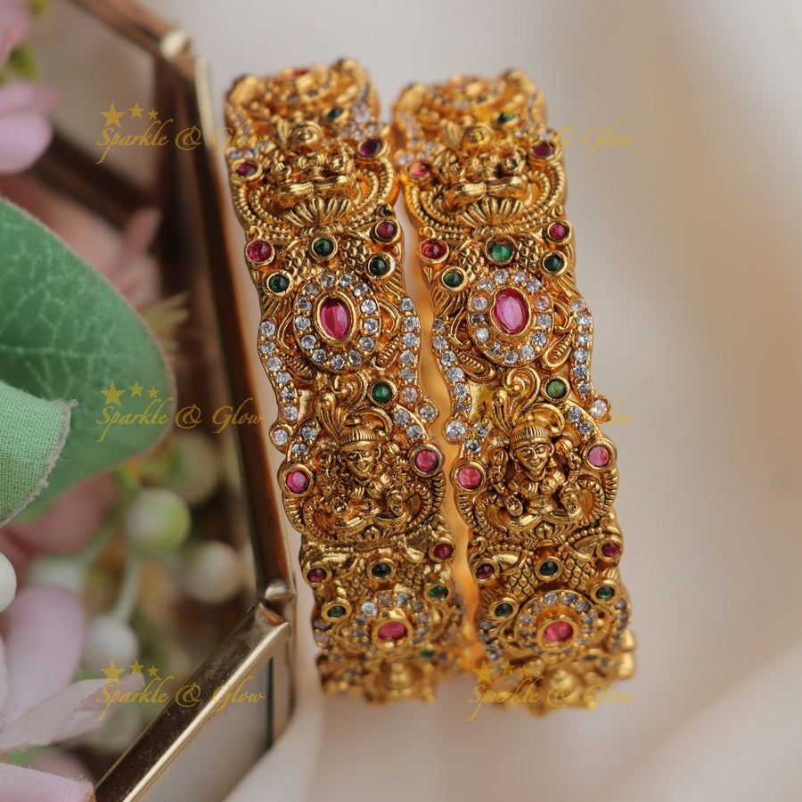 Exquisite Antique Gold alike Lakshmi Floral Temple Bangles - Sparkle and Glow - 2.4 - 