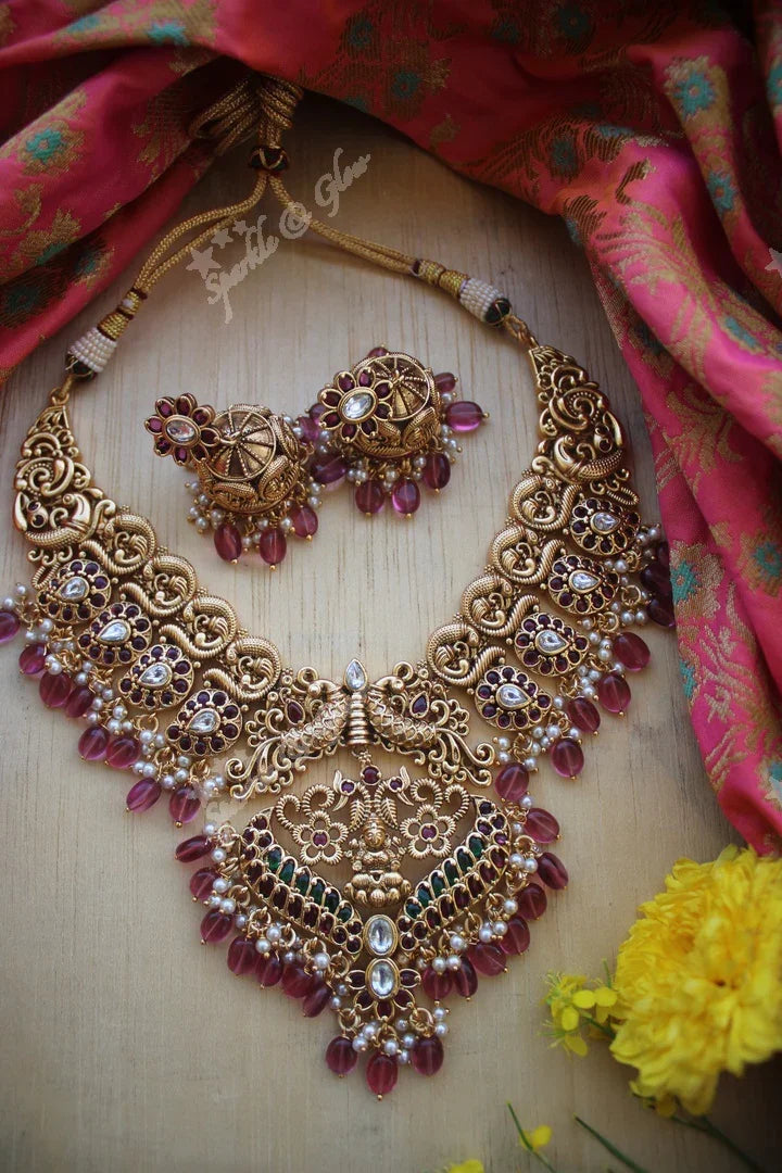 Gold alike polished peacock style grand nagas necklace with pink beads and gutta pusalu - Sparkle and Glow
