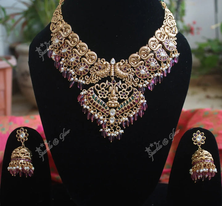 Gold alike polished peacock style grand nagas necklace with pink beads and gutta pusalu - Sparkle and Glow