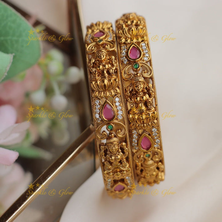 Exquisite Antique Gold alike Lakshmi Lotus bangles with Ruby & Emerald Stones - Sparkle and Glow - 2.4 - 