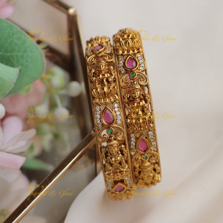 Exquisite Antique Gold alike Lakshmi Lotus bangles with Ruby & Emerald Stones - Sparkle and Glow - 2.4 - 