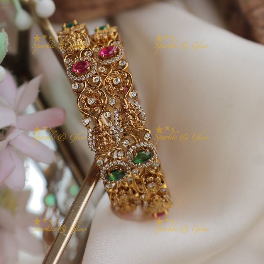Exquisite Temple Design Gold alike Lakshmi Floral Bangles - Sparkle and Glow - 2.4 - 