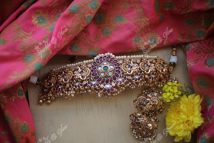 Exquisite gold alike polished peacock choker made with kemp stones - Gold Beads - Sparkle and Glow