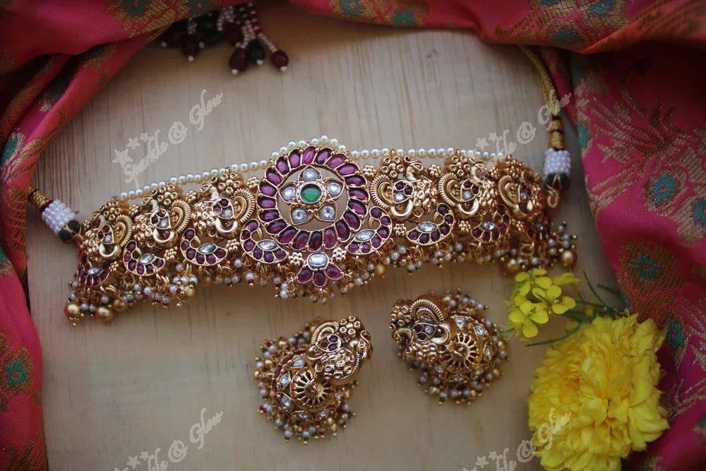 Exquisite gold alike polished peacock choker made with kemp stones - Gold Beads - Sparkle and Glow