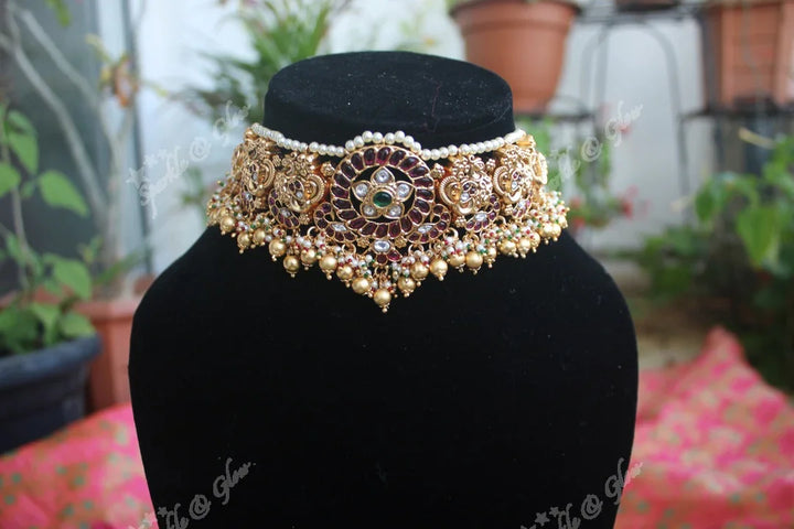 Exquisite gold alike polished peacock choker made with kemp stones - Gold Beads - Sparkle and Glow