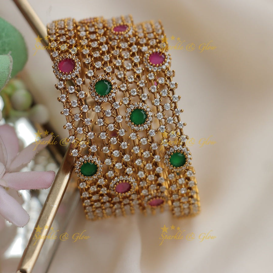 Elegant GJ polish Floral AD Bangles with Green & Pink Stones - Sparkle and Glow - 2.4 - 