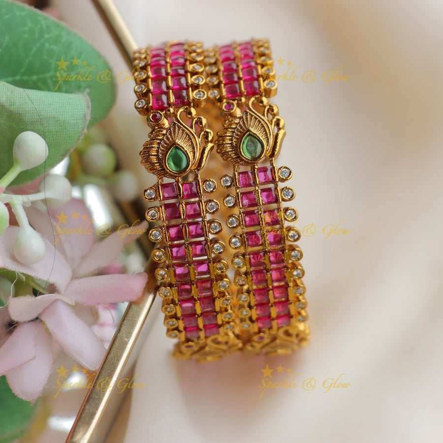 Traditional Gold - alike Kemp Peacock Bangles with Ruby & Emerald stones - Sparkle and Glow - 2.4 - 
