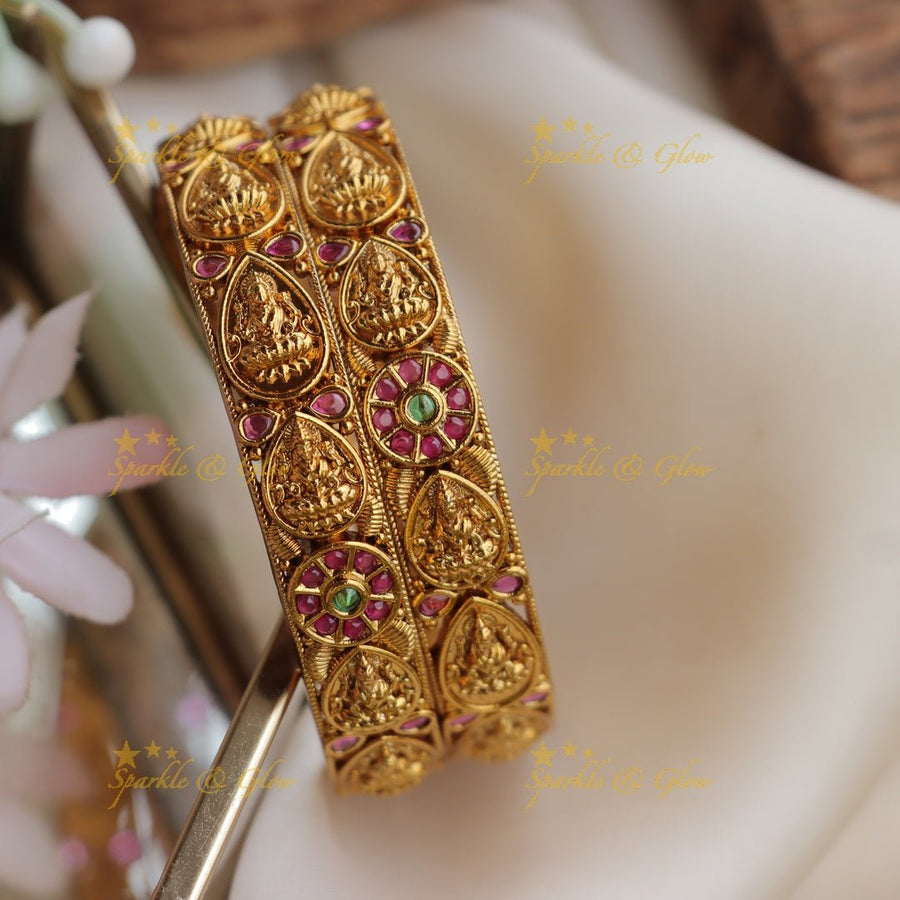 Antique Gold - alike Goddess Lakshmi Design Temple Bangles - Sparkle and Glow - 2.4 - 