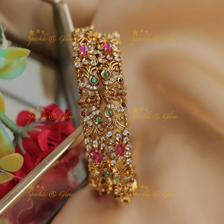 Elegant Gold - alike Peacock & Elephant Temple Bangles - Sparkle and Glow - 2.4 - 