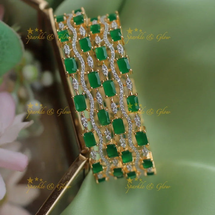 Elegant GJ Polish Emerald Stone AD Bangles with Sparkling White Accents - Sparkle and Glow