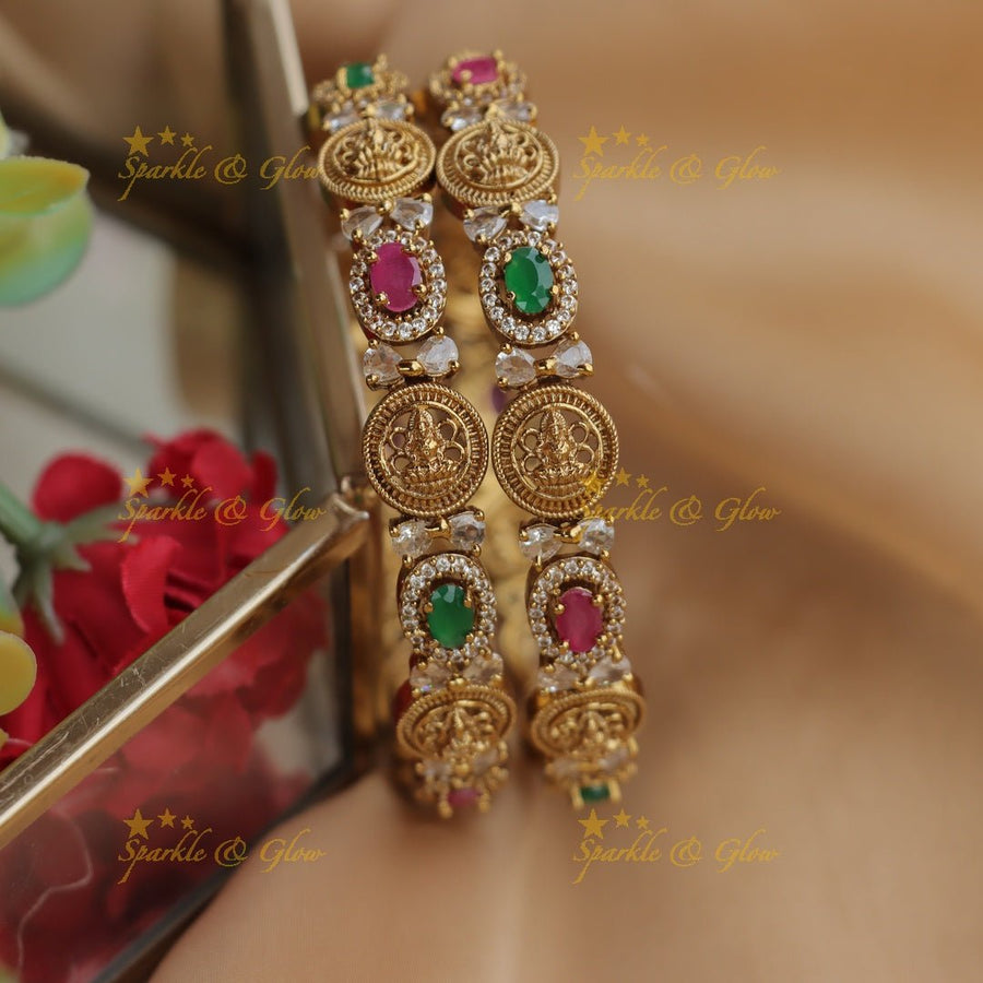 Temple Lakshmi Gold alike Bangles with Ruby & Emerald Stones - Sparkle and Glow - 2.4 - 
