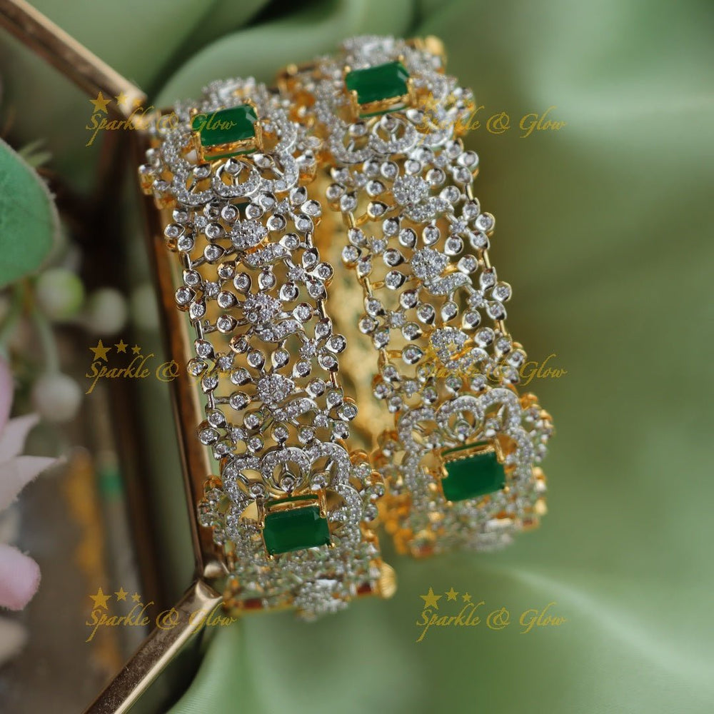 Elegant Emerald & Diamond - Studded Gold alike AD Bangles - Sparkle and Glow - Green - 2.4
