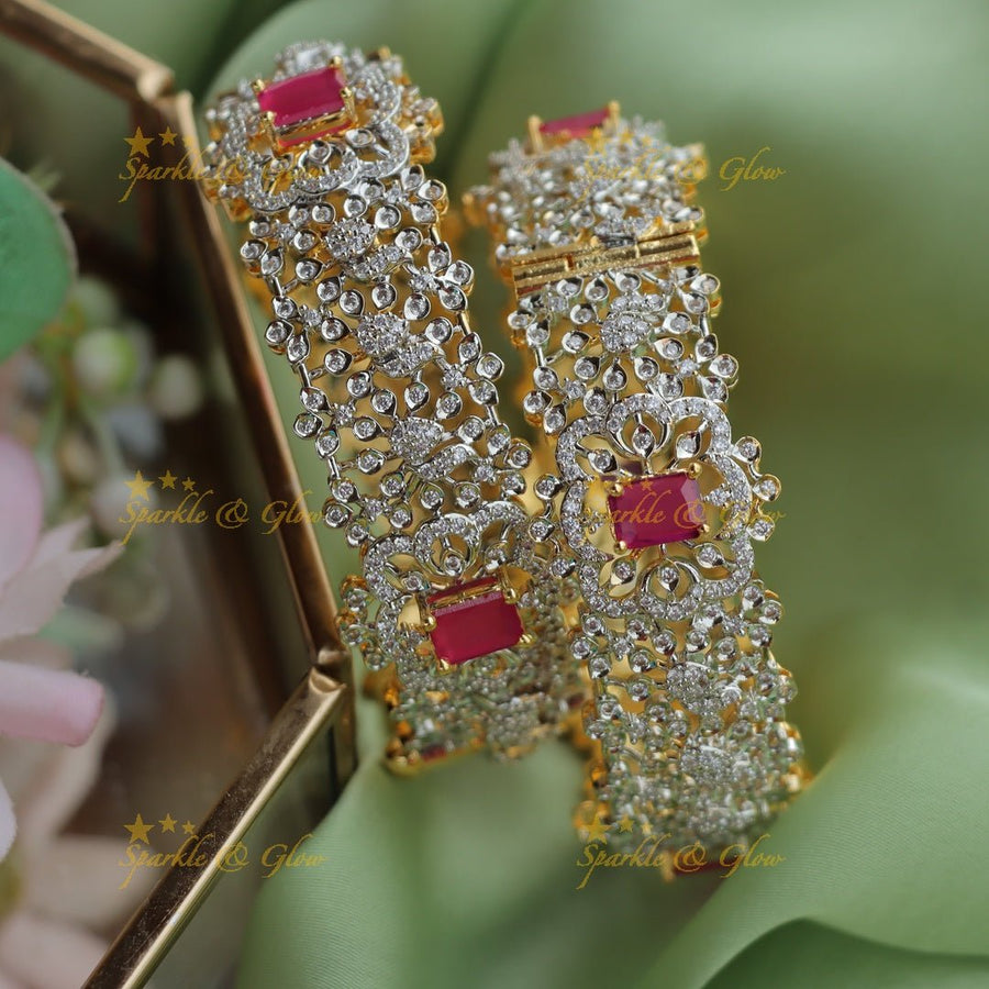Elegant Emerald & Diamond - Studded Gold alike AD Bangles - Sparkle and Glow - Pink - 2.4