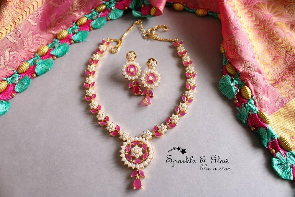 Flower and leaf design AD stone necklace - Multi - Sparkle and Glow
