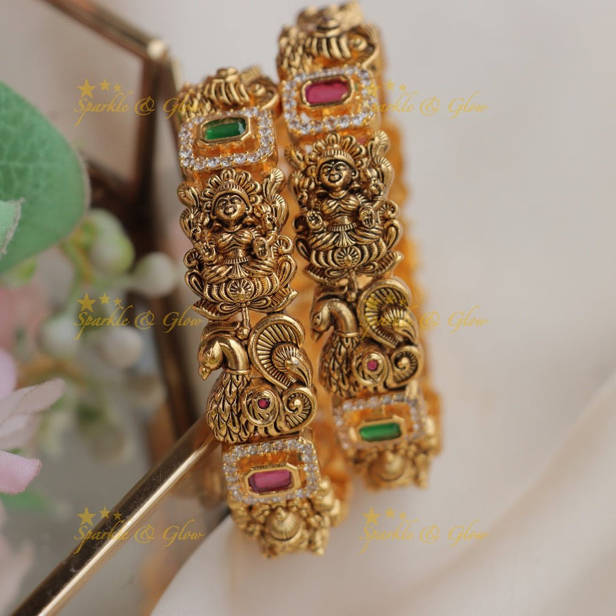 Divine Peacock & Goddess Design Antique gold alike Bangles - Sparkle and Glow - 2.6 - 