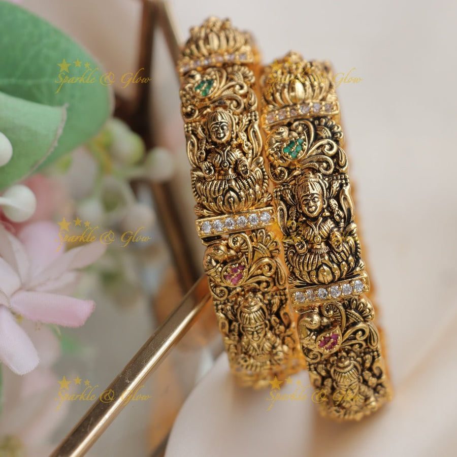 Divine Goddess & Floral Antique Gold alike Temple Bangles - Sparkle and Glow - 2.6 - 