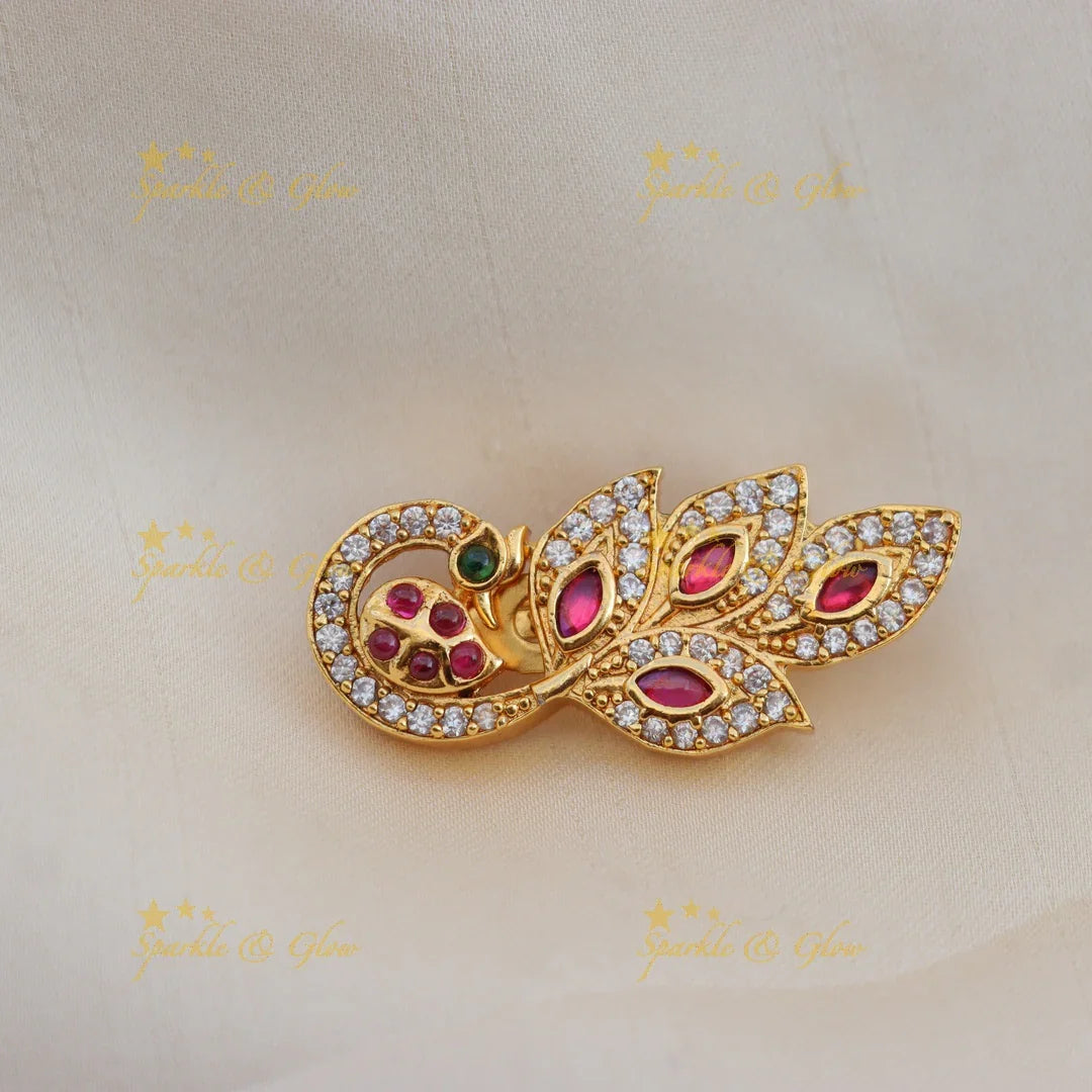 Stunning Peacock Feather AD Saree Pin in Gold Finish