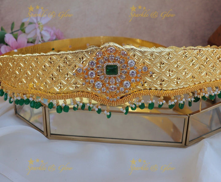 Stunning GJ polish stone Floral carved AD Plain Hipbelt - Blue - Sparkle and Glow - Green - 