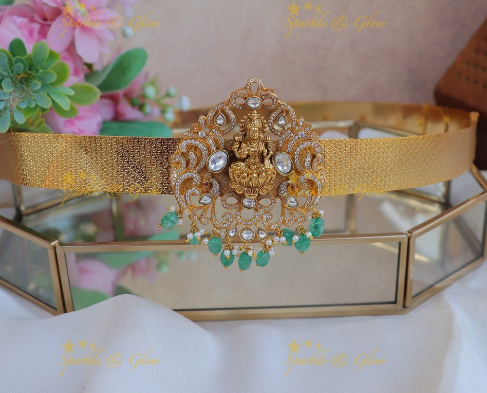 Beautiful Idol Lakshmi Floral pendant carved plain Hipbelt with Mintgreen beads - Sparkle and Glow - 