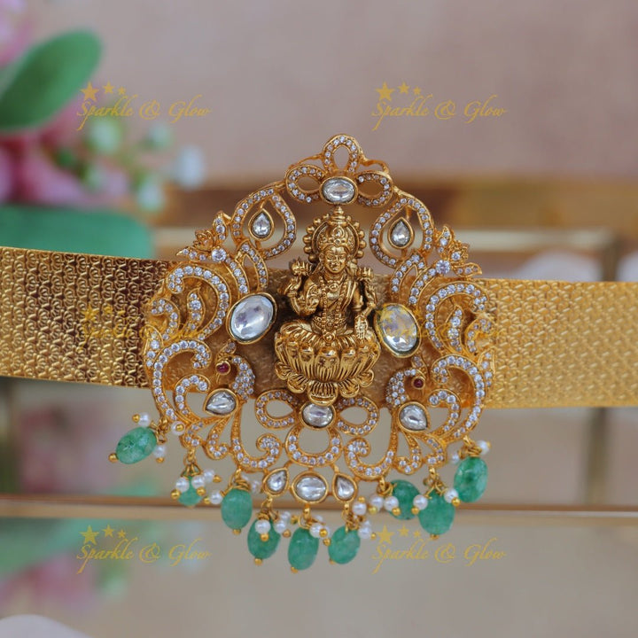 Beautiful Idol Lakshmi Floral pendant carved plain Hipbelt with Mintgreen beads - Sparkle and Glow - 