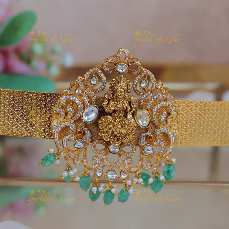 Beautiful Idol Lakshmi Floral pendant carved plain Hipbelt with Mintgreen beads - Sparkle and Glow - 