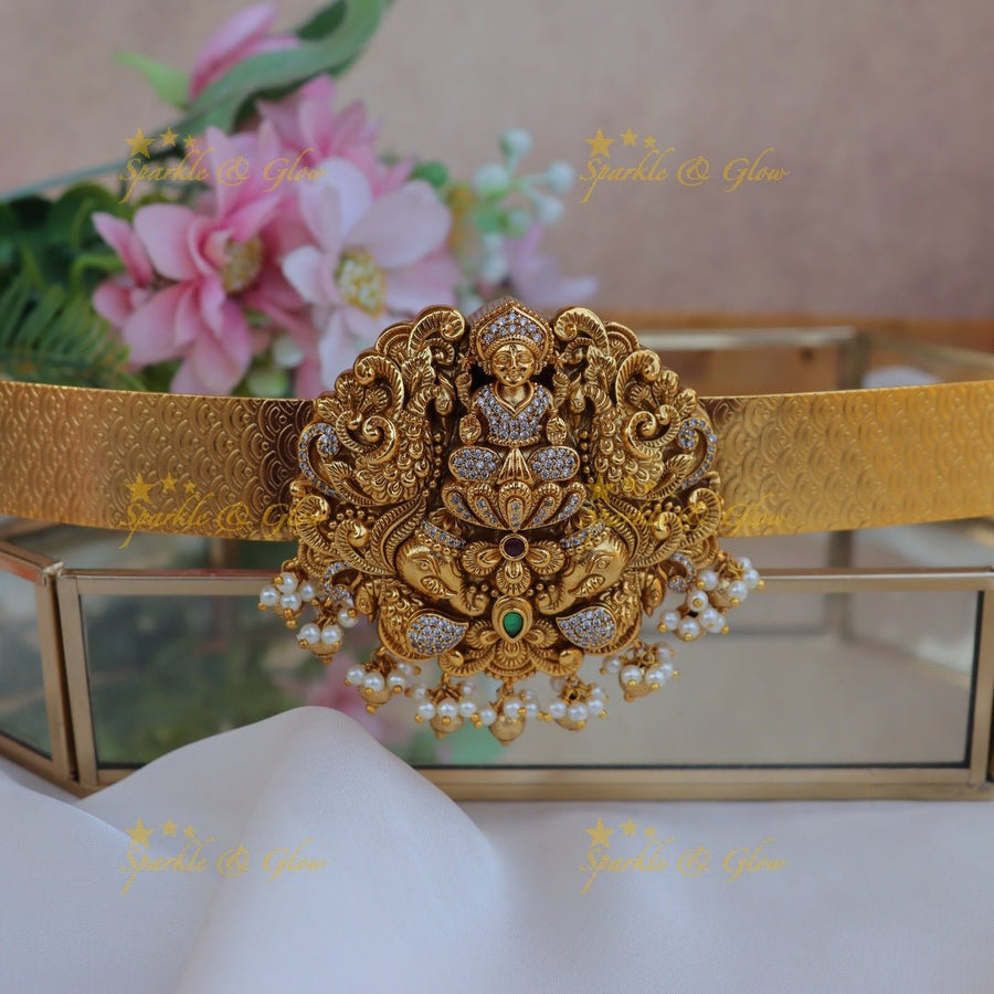 Grand Idol Lakshmi Elephant pendant carved plain Hipbelt - Sparkle and Glow - 