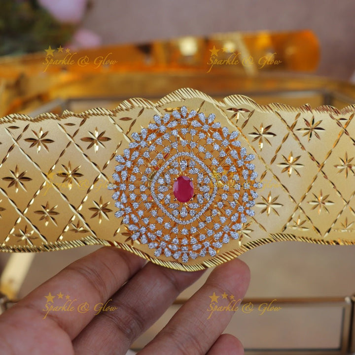 Stunning Oval Floral pendant carved GJ polish AD plain Hipbelt - Ruby - Sparkle and Glow - Ruby - 