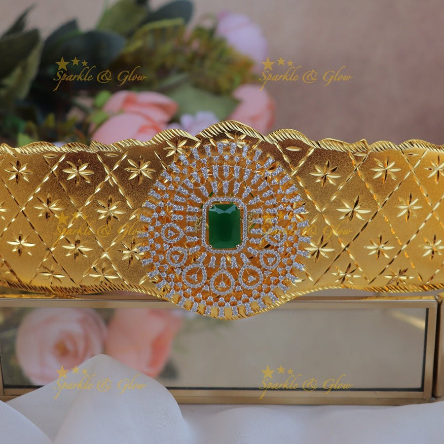 Gracious Square Emerald stone Floral pendant carved AD plain hipbelt - Sparkle and Glow - 