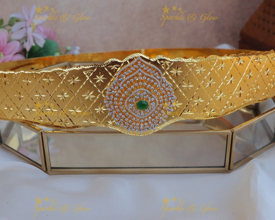 Elegant Crown Floral pendant carved GJ polish AD plain Hipbelt-Green - Sparkle and Glow