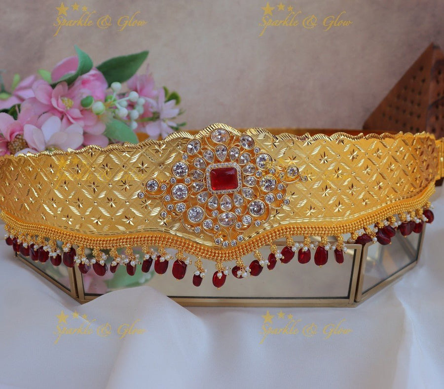 Stunning GJ polish stone Floral carved AD Plain Hipbelt - Blue - Sparkle and Glow - Red - 