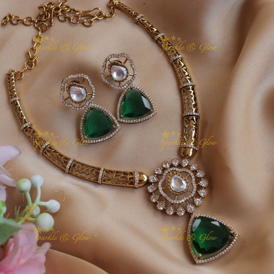 Manju warrier inspired Victorian emerald hasli choker - Sparkle and Glow - 