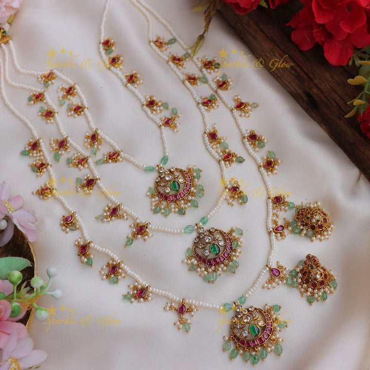 Stunning Jadau Replica Lotus design Theenlada Rani Haram - Sparkle and Glow - Back Thread - 