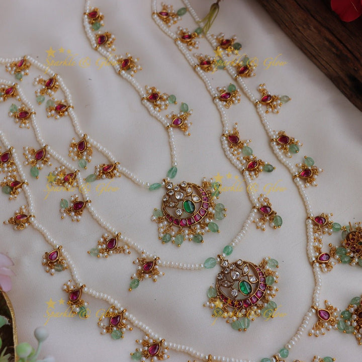Stunning Jadau Replica Lotus design Theenlada Rani Haram - Sparkle and Glow - Back Thread - 