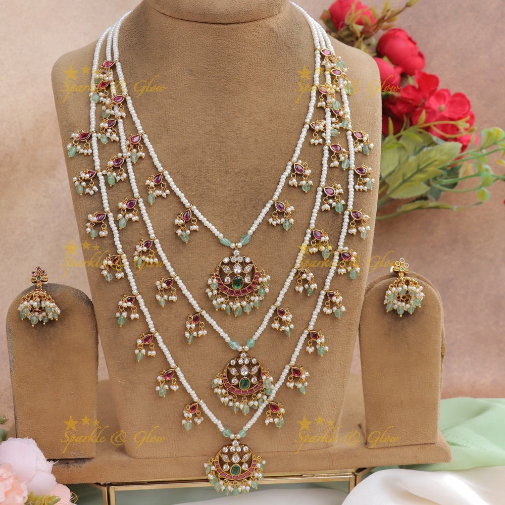 Stunning Jadau Replica Lotus design Theenlada Rani Haram - Sparkle and Glow - Back Thread - 