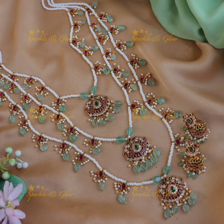 Stunning Jadau Replica Floral design Theenlada Rani Haram - Sparkle and Glow - Back Thread - 