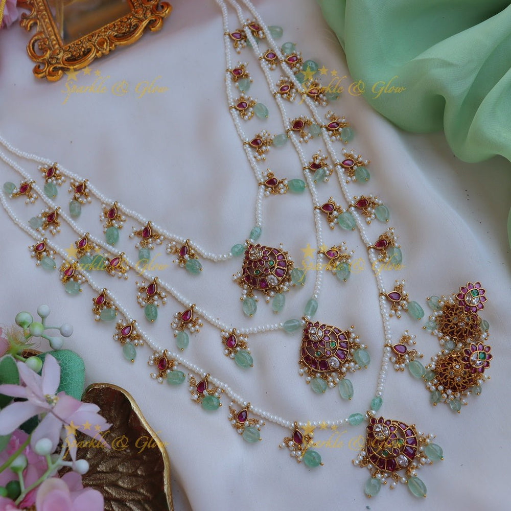 Stunning Jadau Replica Half moon Floral design Theenlada Rani Haram - Sparkle and Glow - Back Thread - 