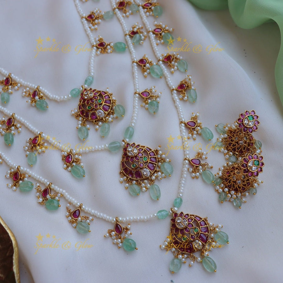 Stunning Jadau Replica Half moon Floral design Theenlada Rani Haram - Sparkle and Glow - Back Thread - 