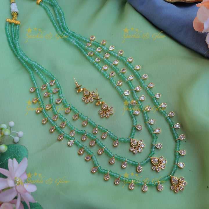 Elegant Three Layered Kundan Floral carved beaded Haram-Purple