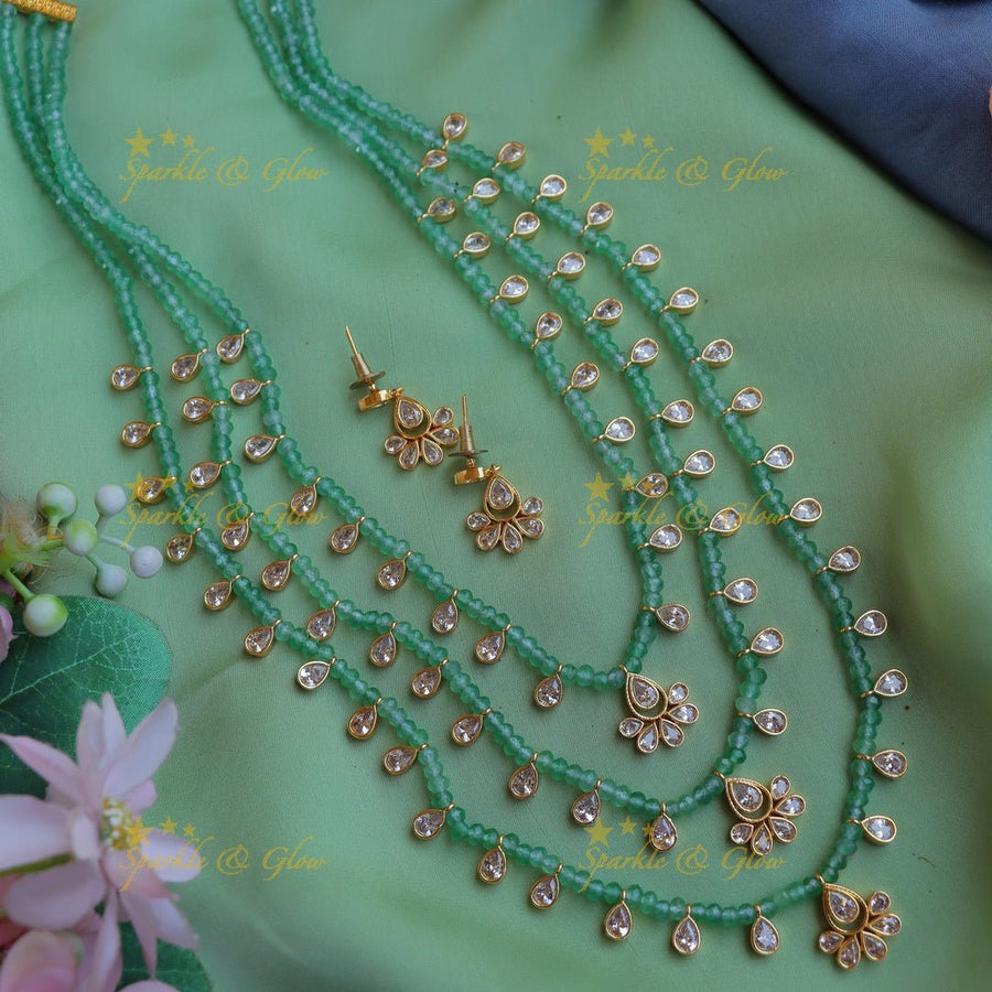 Elegant Three Layered Kundan Floral carved beaded Haram - Mintgreen - Sparkle and Glow - 