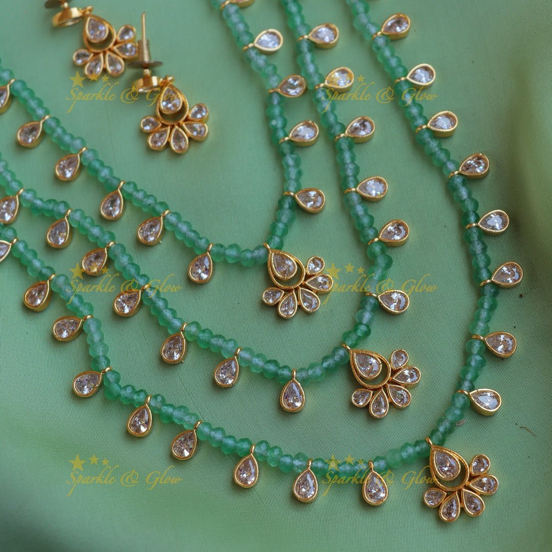 Elegant Three Layered Kundan Floral carved beaded Haram - Mintgreen - Sparkle and Glow - 