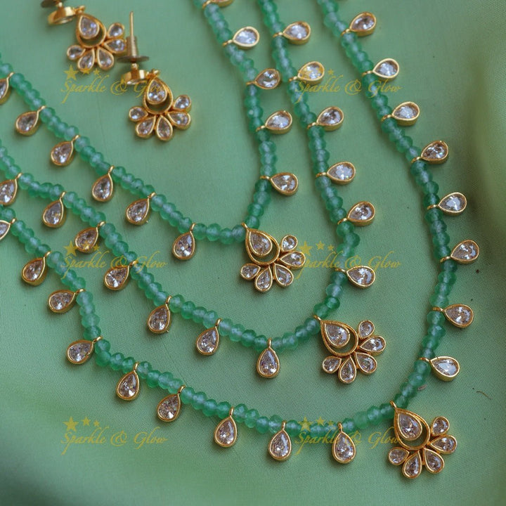 Elegant Three Layered Kundan Floral carved beaded Haram - Mintgreen - Sparkle and Glow - 