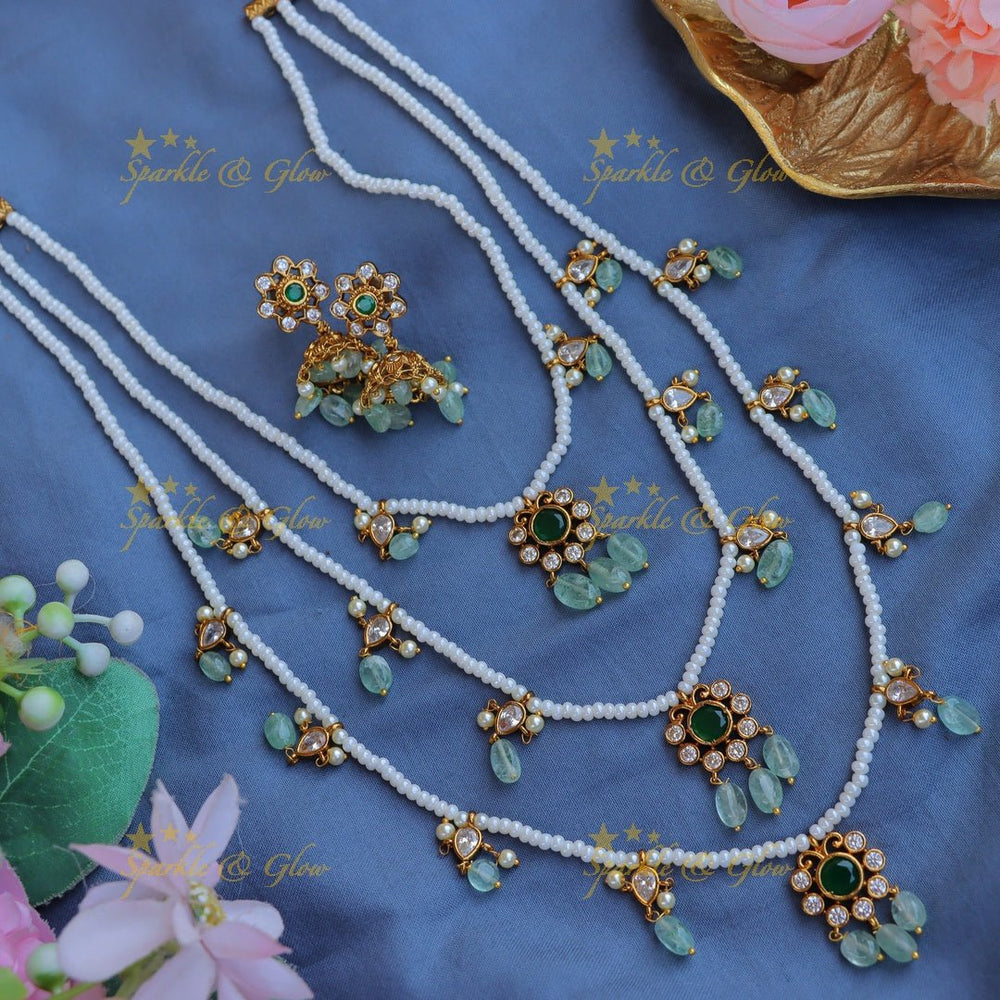 Stunning Jadau Replica Floral design Theenlada Rani Haram - Mintgreen - Sparkle and Glow - 