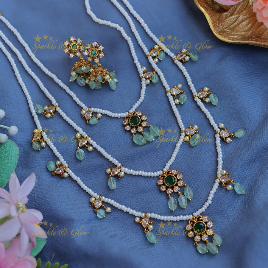 Stunning Jadau Replica Floral design Theenlada Rani Haram - Mintgreen - Sparkle and Glow - 