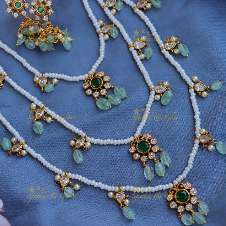 Stunning Jadau Replica Floral design Theenlada Rani Haram - Mintgreen - Sparkle and Glow - 