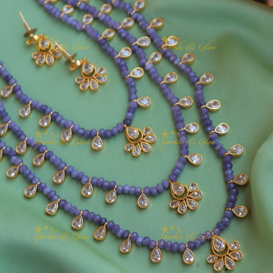Elegant Three Layered Kundan Floral carved beaded Haram-Purple