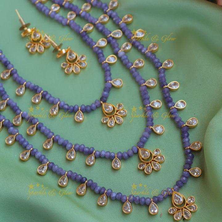 Elegant Three Layered Kundan Floral carved beaded Haram-Purple