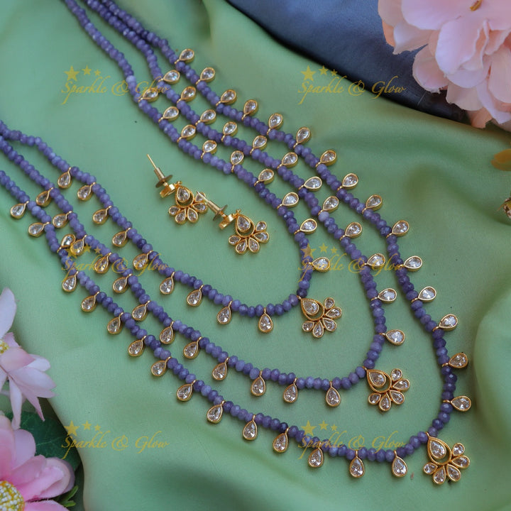Elegant Three Layered Kundan Floral carved beaded Haram-Purple