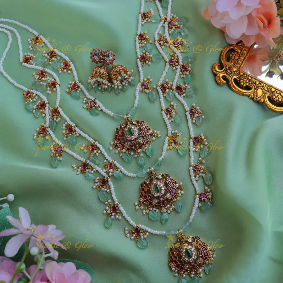 Grand Jadau Replica Peacock Floral carved Theenlada Rani Haram - Sparkle and Glow
