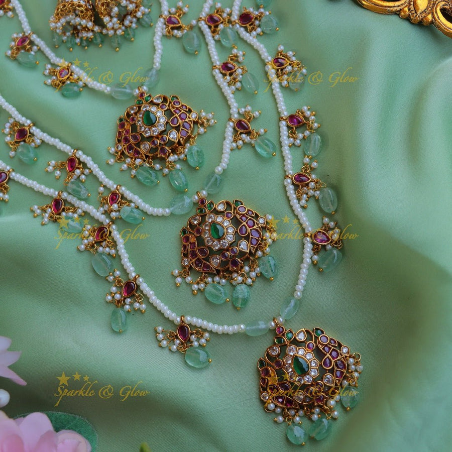 Grand Jadau Replica Peacock Floral carved Theenlada Rani Haram - Sparkle and Glow - Back Thread - 