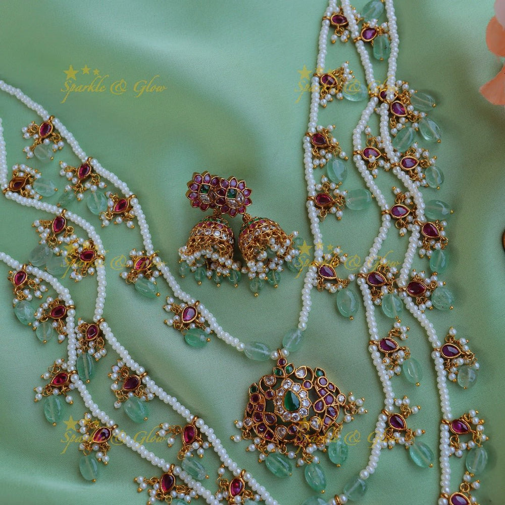 Grand Jadau Replica Peacock Floral carved Theenlada Rani Haram - Sparkle and Glow - Back Thread - 